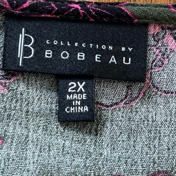 Bobeau Floral Ruffle Button Front Top Size 2X Olive Fuchsia 3/4 Sleeve Smocked - Picture 2 of 7